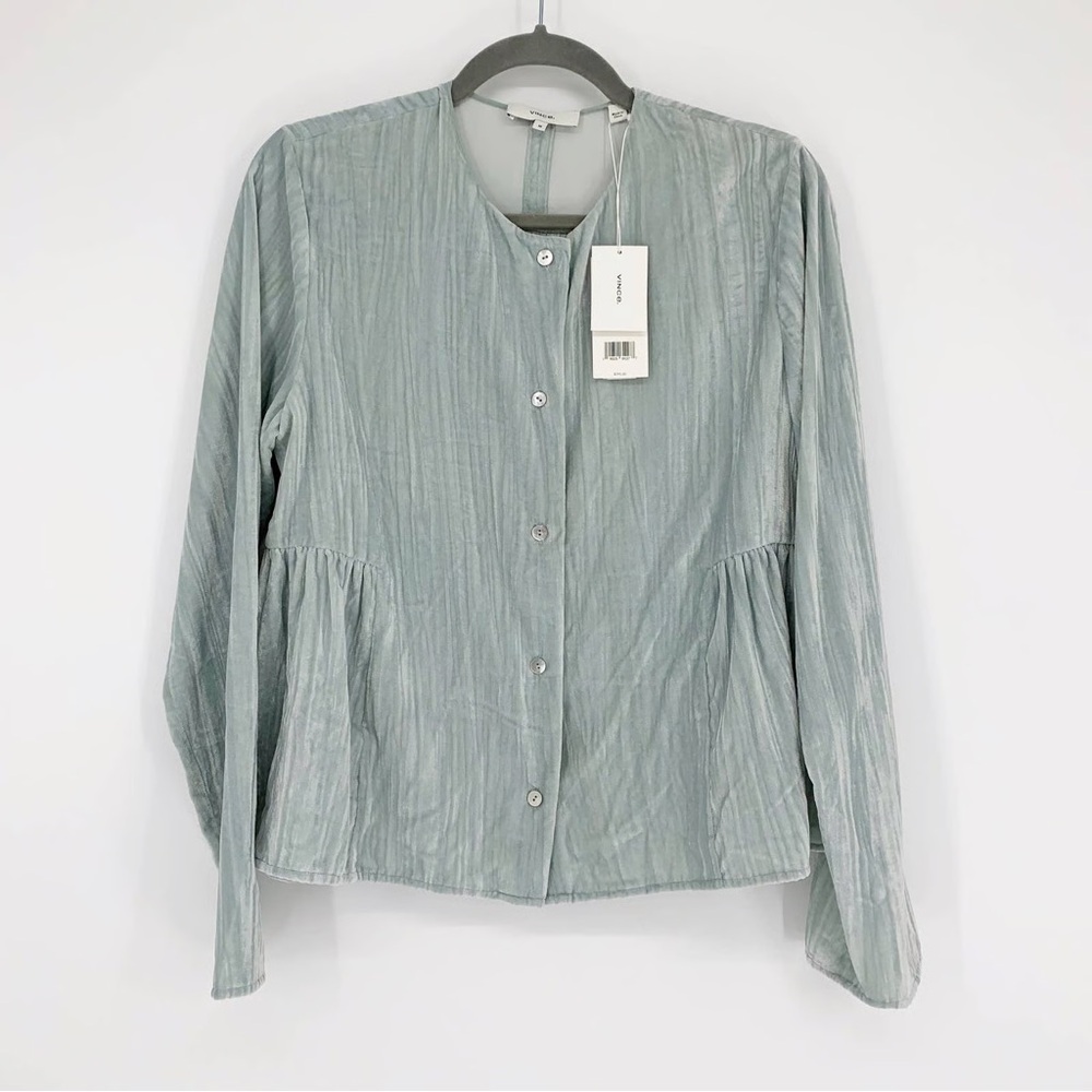 NWT Vince Ruched Velour Paneled Blouse Velvet Oversized Buttoned Top